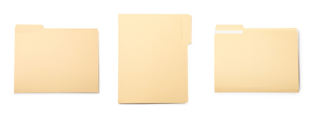 File folder isolated on white, collage. Top view