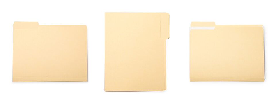 File folder isolated on white, collage. Top view