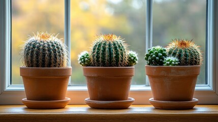 Three cacti in terracotta pots on a windowsill (1)