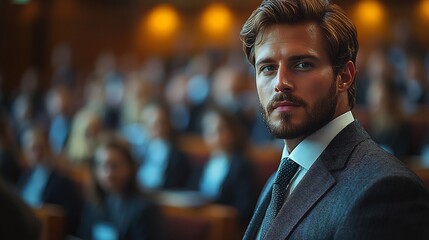 Fototapeta premium American CEO a tailored suit attending a seminar medium shot 85mm f12L USM