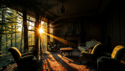 Abandoned mansion in dense forest. Early morning. Rays of the sun break through the leaves. Spider web on old furniture