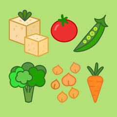 Plant-based vegan protein foods on a green background. The image features tofu cubes, a tomato, a green pea pod, broccoli, chickpeas, and a carrot.  A colorful flat-style vector illustration.