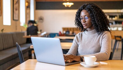 落ち着いたカフェの中でノートPCに向き合う30代女性の丁寧な時間の使い方

