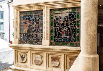 Exterior corridor with stained glass windows leading to the Fresco Hall at the Old Town Hall (Stare Radnice), in Brno city center, Southern Moravia, Czech Republic (Czechia)
