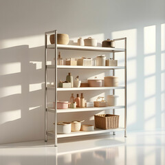 A four-tier gondola rack showcasing neatly organized household items.