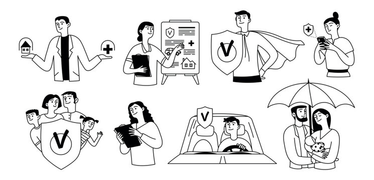 Insurance concept people set. Family getting insurance protection, male superman agent and female agent, different insurance options. Vector doodle illustration