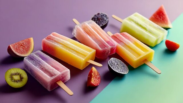 Assortment of vibrant frozen fruit popsicles on colorful background with fresh kiwi, fig, strawberry, watermelon, and dragon fruit slices.