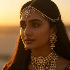 Beautiful Indian Woman in Traditional Bridal Jewelry – Close-Up Portrait with Maang Tikka, Jhumkas, and Necklace Showcasing Cultural Elegance and Grace