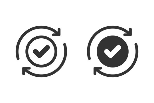 Update transaction icon set, rotating check mark tick as automatic pay graphic illustration, sync verification spin cycle