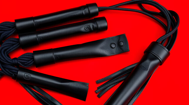 Black leather floggers on a vibrant red background.