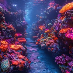 Naklejka premium Vibrant Underwater Coral Reef Ecosystem with Colorful Marine Life Thriving