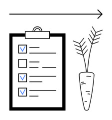 Checklist pad with completed tasks, carrot illustration, and forward arrow conveying productivity, goal achievement, planning, health, sustainability, motivation, and a simple landing page