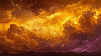 A painting of a stormy sky with orange and purple clouds. The sky is filled with lightning bolts and the clouds are dark and ominous. The mood of the painting is intense and dramatic