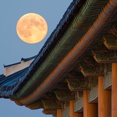 Obraz premium Full Moon Rising Over Traditional Korean Architecture at Night