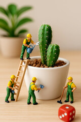  Jardineros diminutos recortan, riegan и trabajan вокруг un cactus en una maceta blanca, representando una jardinería en miniatura.
