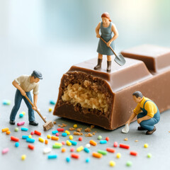  Un grupo de trabajadores diminutos recoge grageas de colores frente a una gran barra de chocolate mordida, representando una limpieza dulce.
