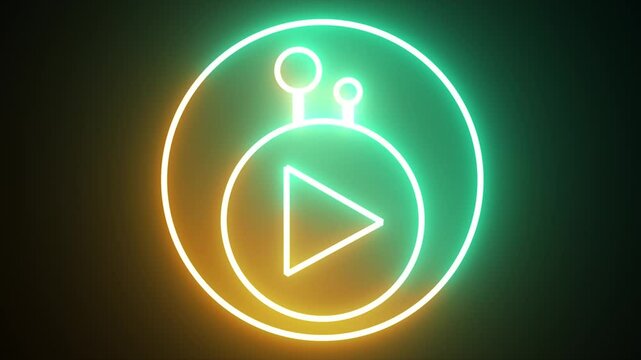 A sparkling, dynamic video player button with various color along black background.