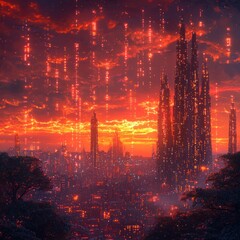 Obraz premium Futuristic Cityscape with Tall Buildings and Glowing Skies at Sunset