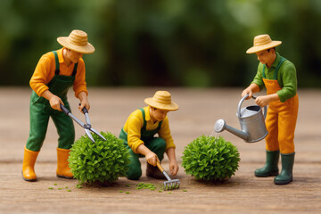 Tres jardineros en miniatura recortan, riegan y cuidan arbustos esféricos en una escena que evoca el arte del paisajismo en pequeño formato.
