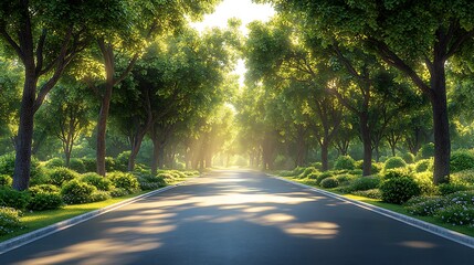 Obraz premium Sunlight Through Trees Along Country Road In Summer Scenic High Resolution Photo
