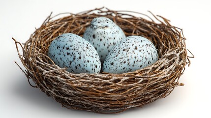 Obraz premium Three Mottled Blue Eggs Nestled Comfortably Inside A Brown Twig Nest High Resolution Photo