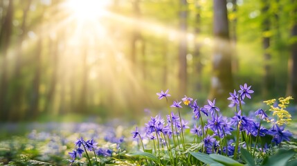 Sunbeams illuminate a field of vibrant purple spring flowers in a lush green forest.  A serene and peaceful natural scene.