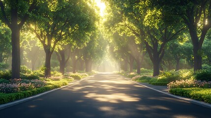 Obraz premium Tranquil Tree Lined Road With Sunlight Shining Through Green Canopy High Resolution Photo