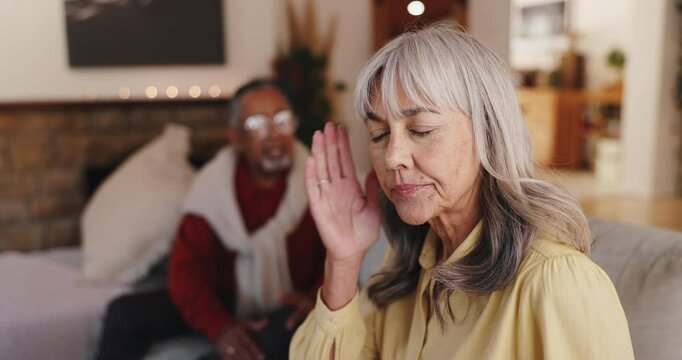 Senior couple, fight or ignore with argument for disagreement, conflict or confrontation at home. Elderly woman, man or stress with confession or accusation for affair or living room dispute at house