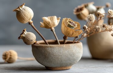 Dried Poppy Seed Heads and Flowers in a Clay Bowl Still Life, Natural Light