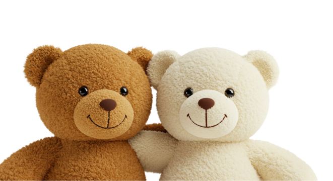 Cute teddy bear couple sitting close together isolated on transparent background, suitable for Valentine’s cards, childhood memory visuals, baby shower graphics, and stuffed toy ads