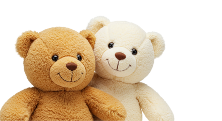 Pair of brown and white teddy bears hugging each other on transparent background, ideal for baby products, children’s toys, love-themed visuals, and family celebration card designs
