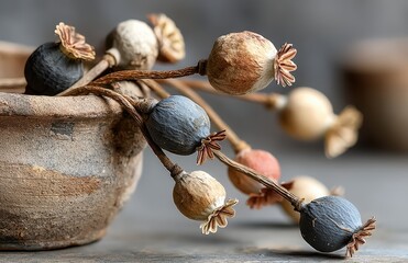 Dried Poppy Seed Heads Displayed in a Rustic Terracotta Bowl on a Wooden Surface