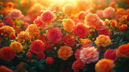 Obraz premium Vibrant rose garden in golden sunlight
