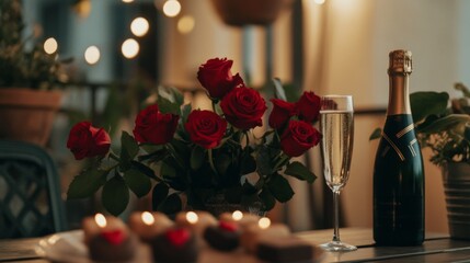 A bottle of champagne sits next to a vase of red roses on a table. The table is set for a romantic dinner, with a plate of chocolate truffles and a lit candle. Scene is one of love