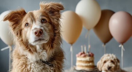 Dog celebrating birthday with cake and balloons in soft neutral tones, a furry friend's special day with party decorations