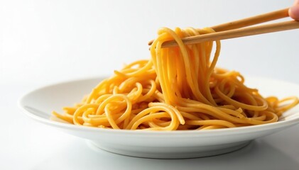 Close-up of chopsticks resting on plate of noodles, white backdrop , china, oriental, asian cuisine