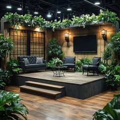 Indoor Stage Decor with Plants, Furniture and Decorative Lighting