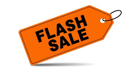 A bright orange flash sale tag with bold black “FLASH SALE” text, isolated on a white background, high contrast, vibrant marketing design