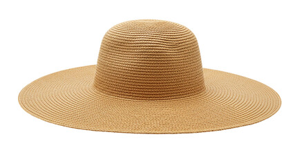 Wide-brimmed summer straw hat in natural beige color on transparent background, ideal for beach fashion mockups, vacation outfit designs, resort branding, and sunny travel visuals