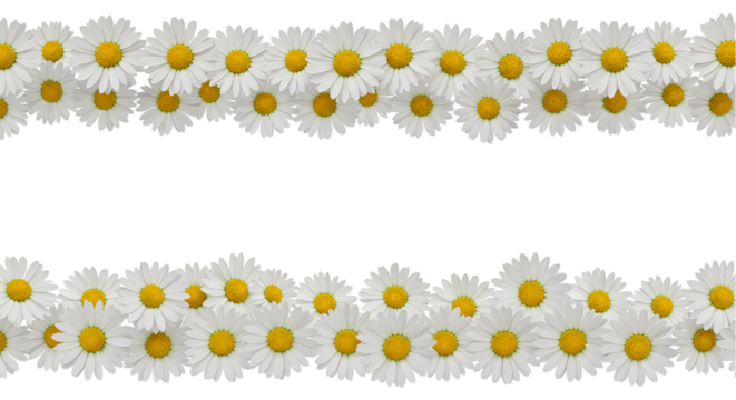 Seamless row of daisies with yellow centers on transparent background, suitable for borders, floral dividers, packaging designs, garden-themed layouts, and digital pattern assets - Powered by Adobe