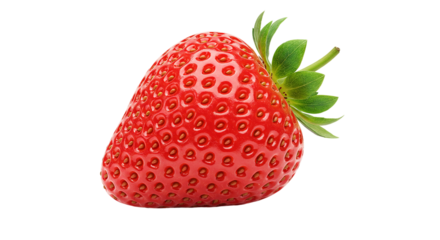 Realistic 3D strawberry fruit with seeds and green leaves isolated on white background, ideal for food packaging design, fruit product ads, healthy diet content, and summer snack visuals