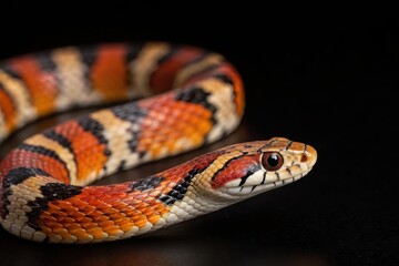 Obraz premium Colorful Corn Snake Coiling on Black Background with Detailed Scales