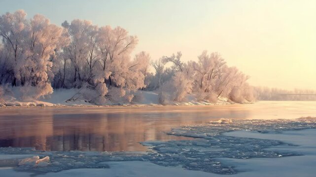 Snowy trees line a partially frozen river with patches of ice glistening in the winter light during a cold season morning.