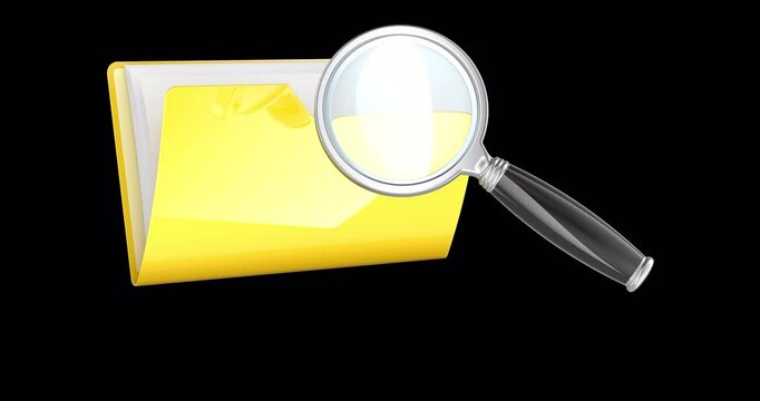 Yellow computer folder icon with loupe animation, seamlessly loopable. 3D rendering isolated on transparent background