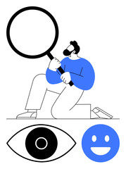 Individual kneeling with magnifying glass near abstract eye and face icons. Ideal for exploration, analysis, focus, discovery, research, UX design, simple landing page
