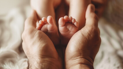 Father holding feet of newborn daughter or son, expressing parenthood concept, love and protection