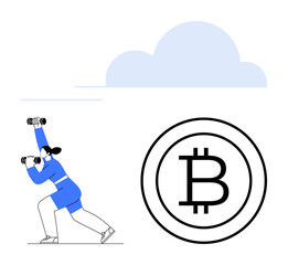 Focused woman using binoculars while kneeling near Bitcoin symbol under a cloud. Ideal for cryptocurrency, innovation, exploration, investment, future, technology, opportunity - flat simple metaphor