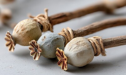 Three dried poppy seed heads on grey surface with brown wood stems and twine, close-up botanical still life