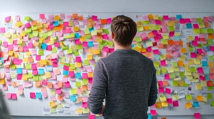 Man Viewing Colorful Sticky Notes Planning Board Ideas Brainstorming Session Project Management Workflow Organization Strategy Business Workplace Productivity Task       