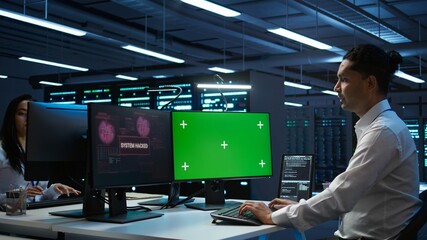 System administrator using AI tech on isolated screen PC to do maintenance in server room. Skilled expert in data center using artificial intelligence on chroma key to process datasets for training